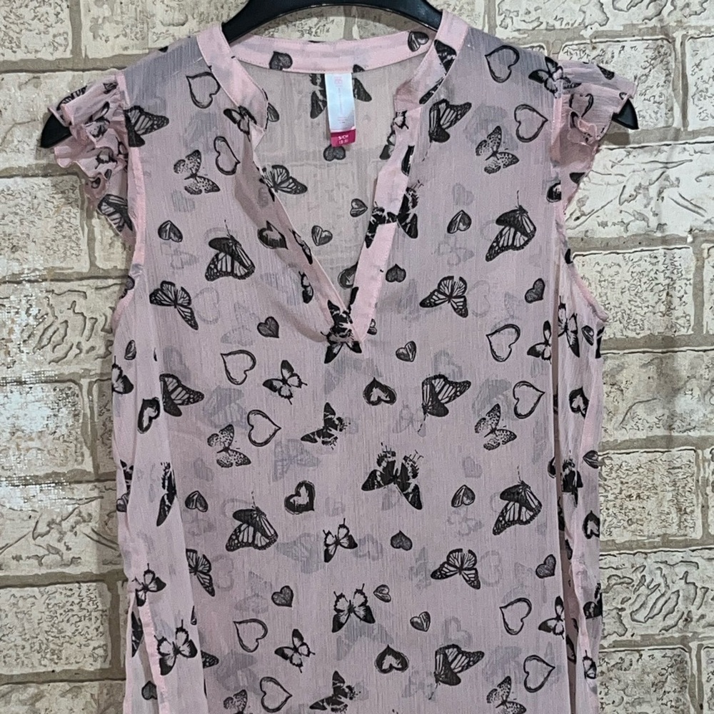 Pink Sheer Top with Butterfly and Heart Print